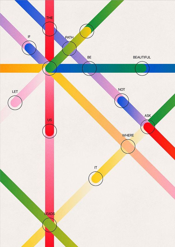 Transit lines crossing through circled station nodes that mark out words