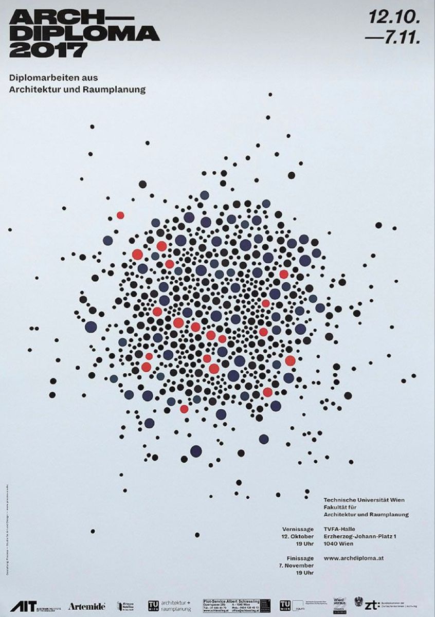 Dense swarm of black, navy and red dots clustering at a poster centre