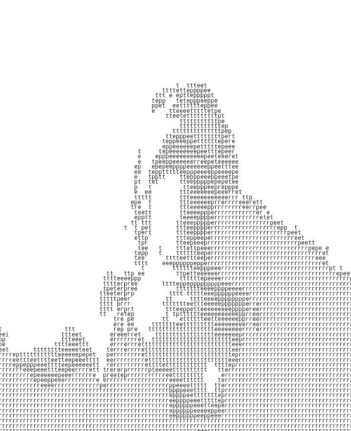 A seated figure rendered in dense ASCII characters
