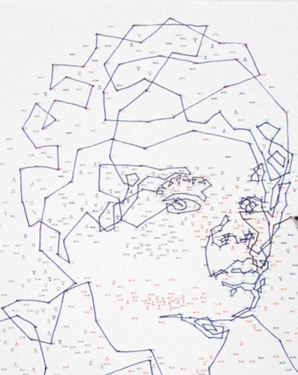 A face built from numbered connect-the-dots points joined by fine blue lines