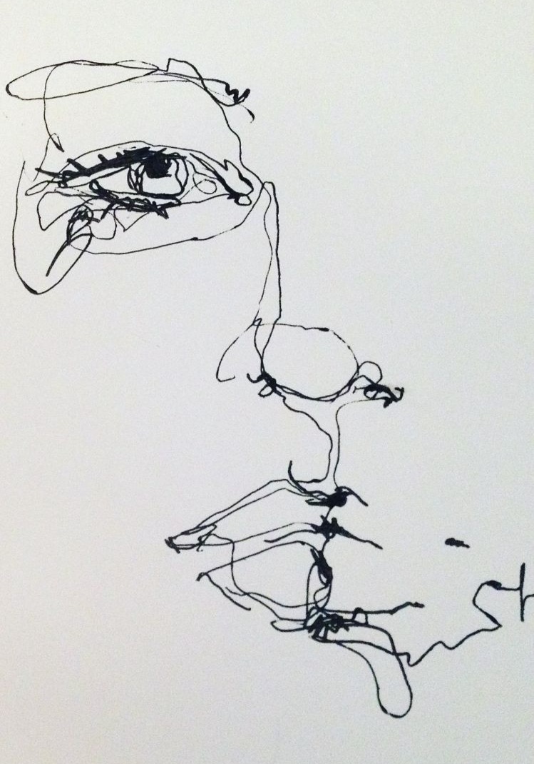 A face drawn in a single continuous ink line, eye and features tangled together