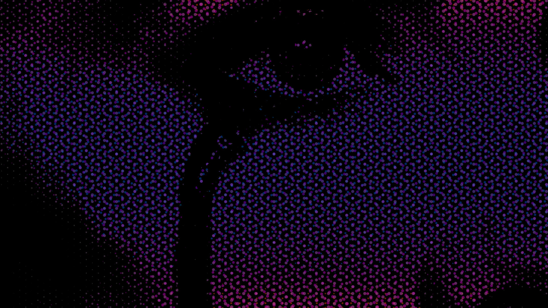 A face in profile, halftone-processed in pink and blue dots on black, a tear running down the cheek