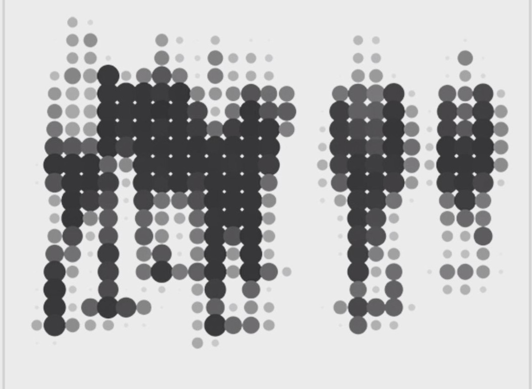 Grey halftone dots massing into figures on a pale ground
