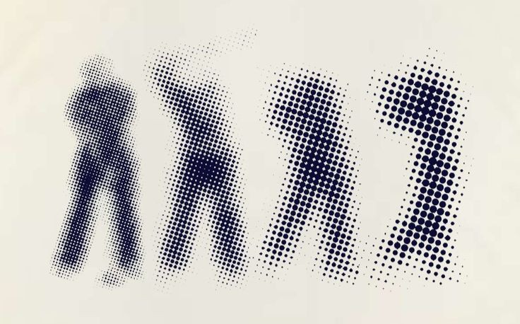 A sequence of walking figures rendered in navy halftone dots on cream