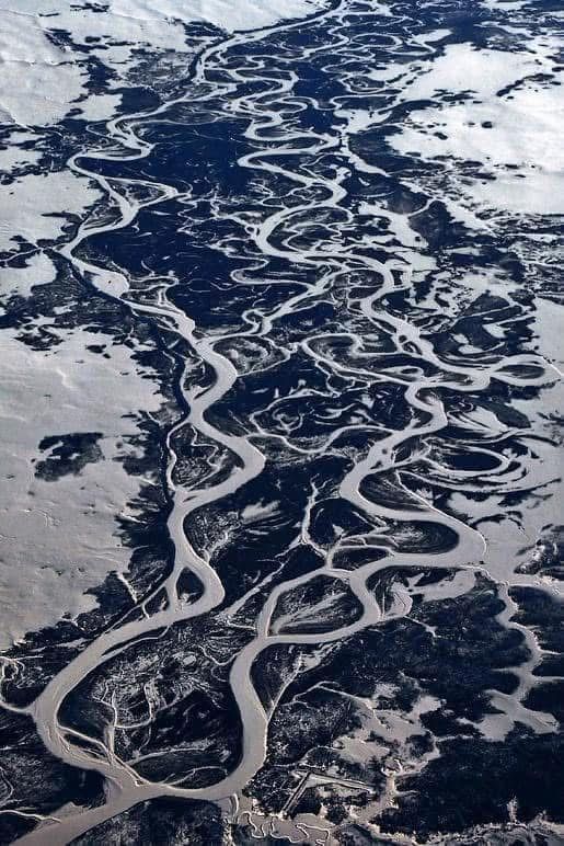 Aerial of a braided river threading countless channels across a pale landscape
