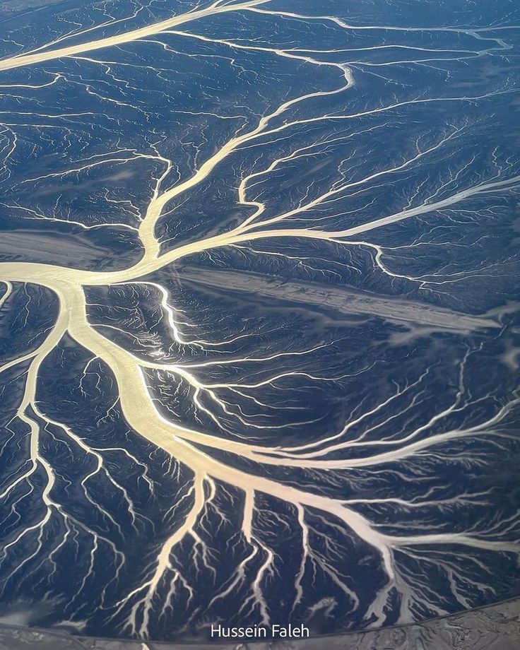 Aerial of a dendritic river system branching like veins across dark terrain