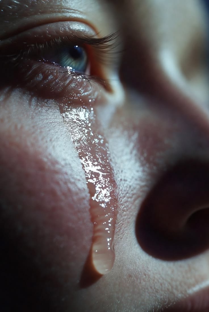 Extreme close-up of an eye with a glistening tear running down the cheek