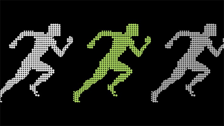 Three running figures rendered as dot-matrix silhouettes on black, one picked out in green