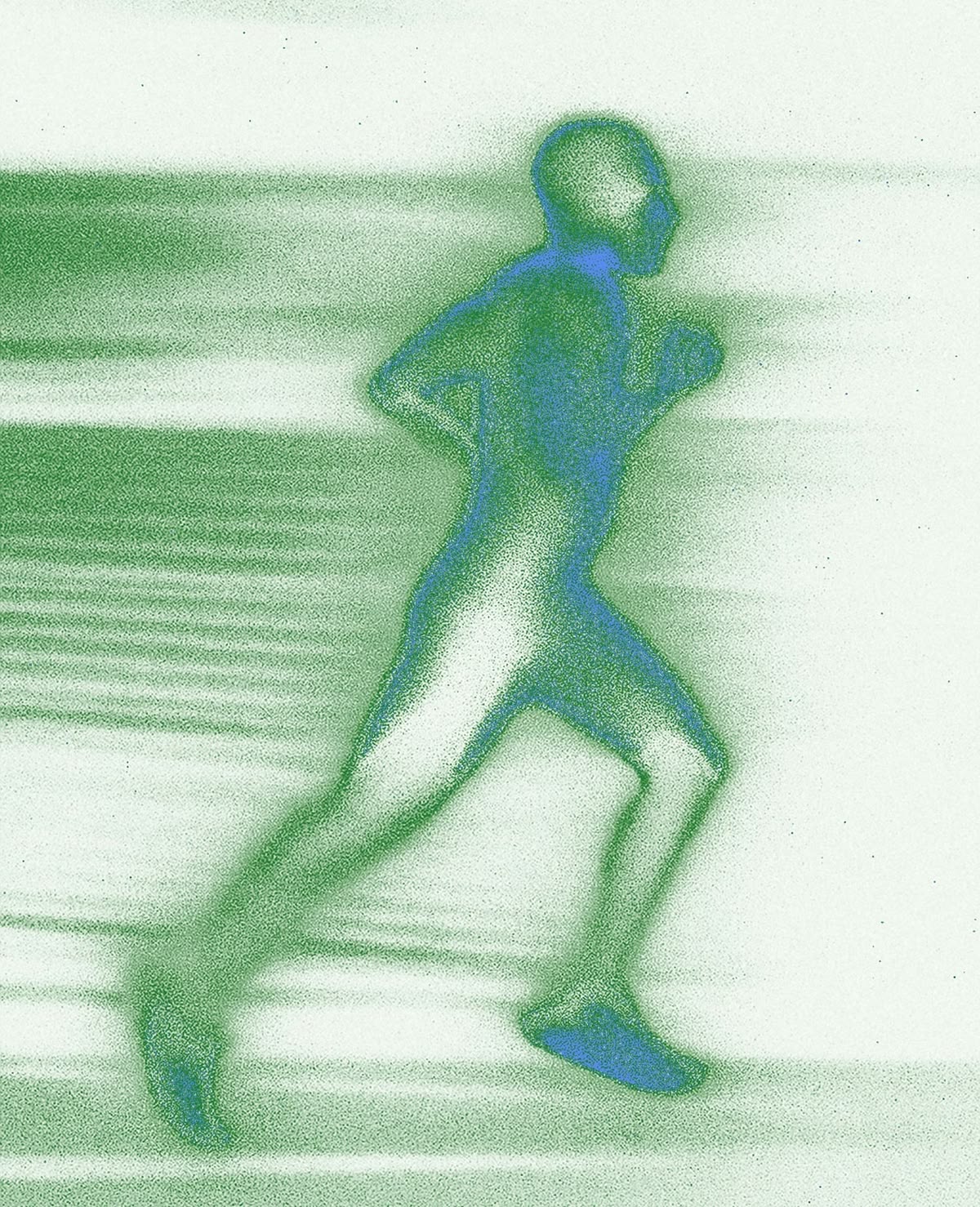 A grainy blue-and-green running figure streaked with horizontal motion bands