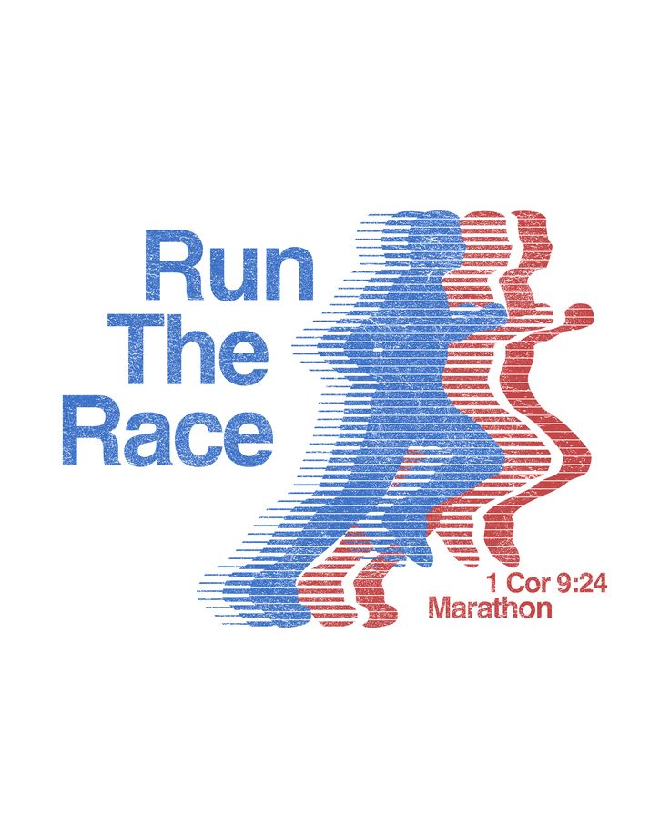 Retro print of layered running silhouettes in blue and red line shading