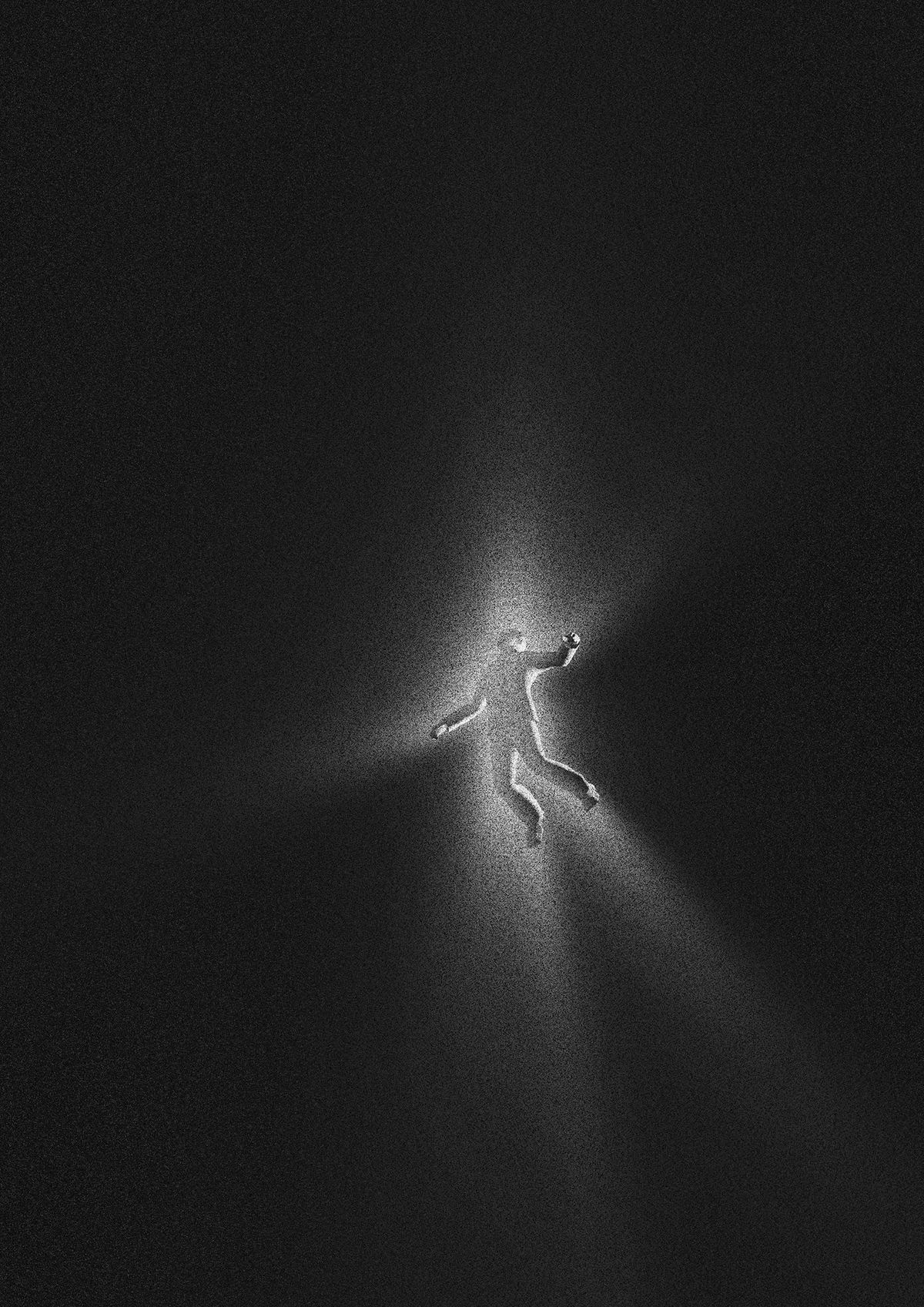 A lone figure suspended in a grainy dark void, light radiating around it