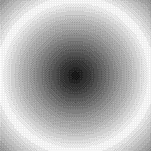 An animated halftone dot field with a dark centre drifting across it