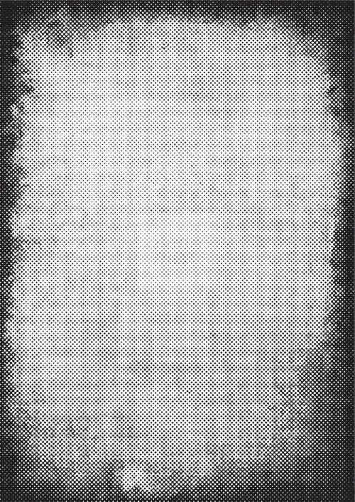 A blown-out halftone field framed by a dark, degraded vignette