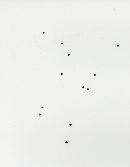 A few scattered black dots adrift on a white field