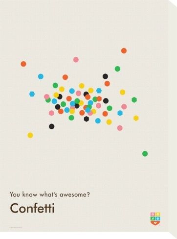 Multicoloured confetti dots clustered loosely on a cream ground