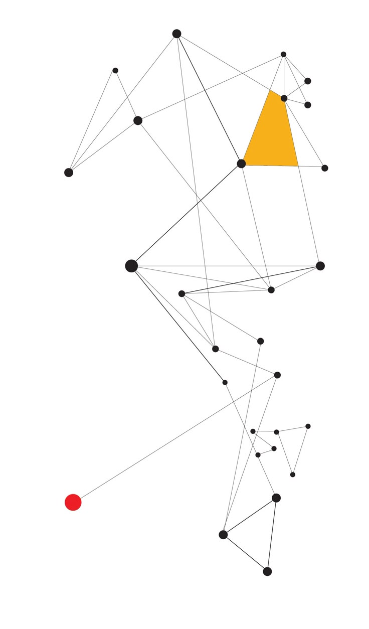 Black dots linked by thin lines into a network, with one orange shape and one red node