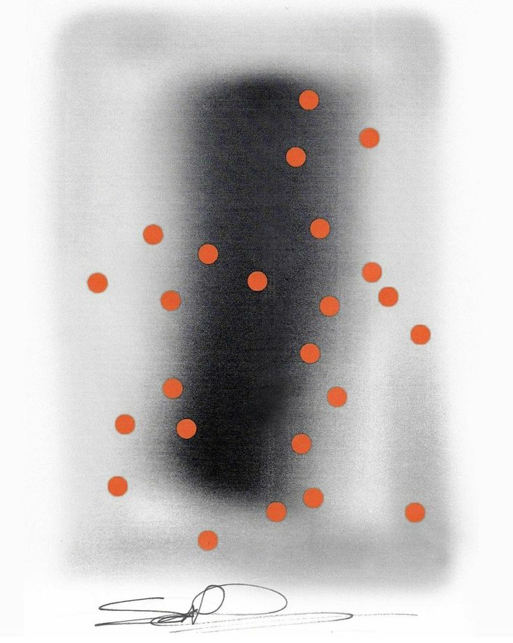 Orange dots scattered across a smoky charcoal column on white