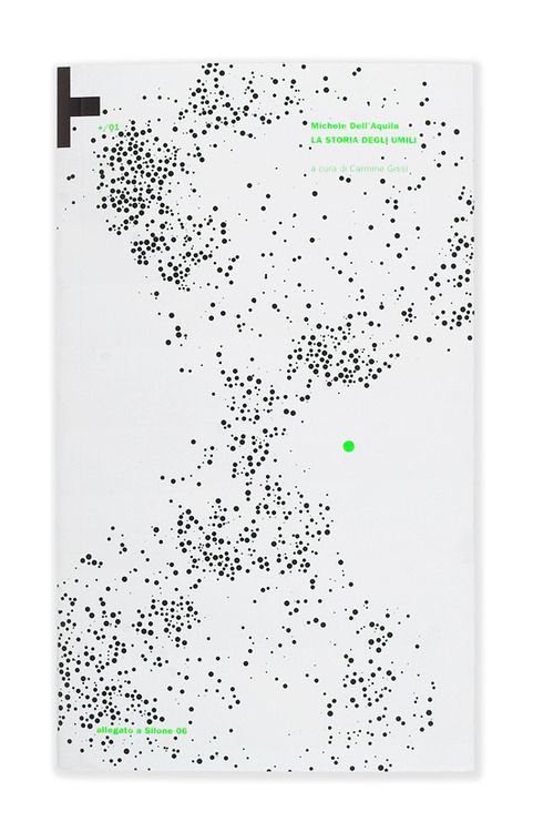 Black stippled dot clusters drifting into shapes on white, with a single green dot