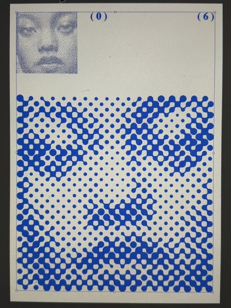 Blue blobby halftone pattern with a stippled face inset, shown in a design tool