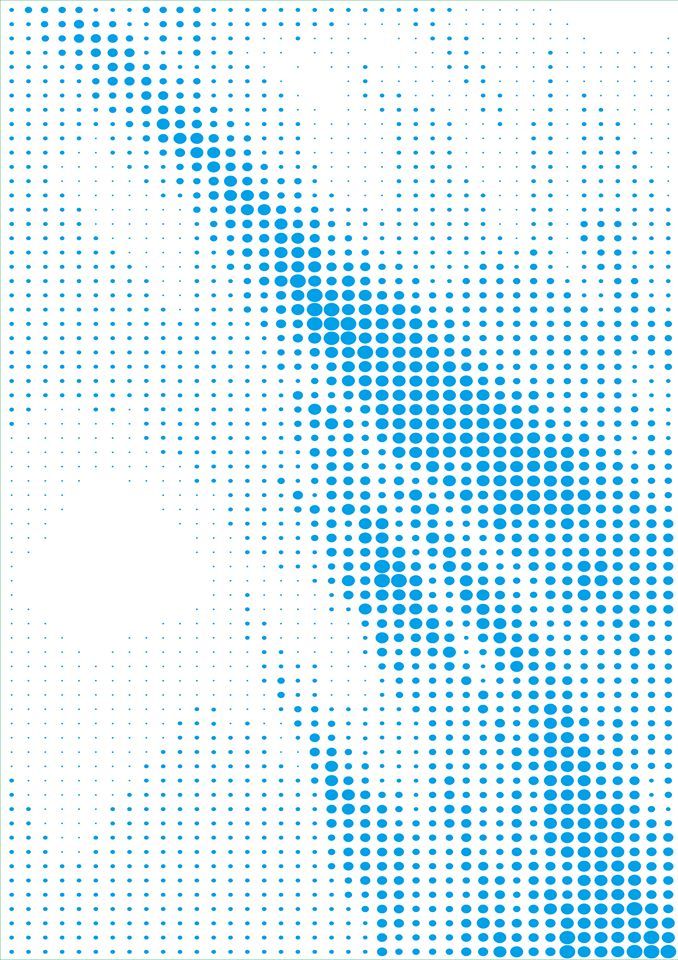Blue halftone dots of varying size forming an image against white