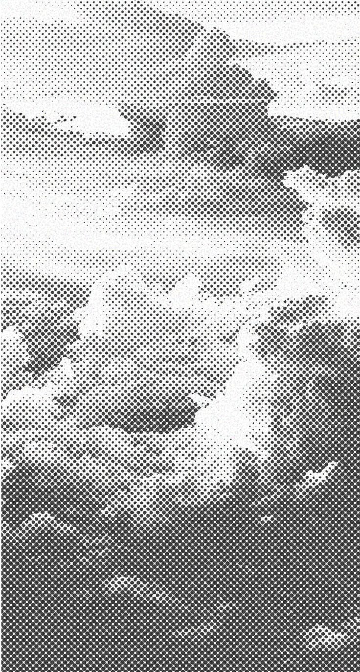 Black-and-white halftone dots resolving into clouds over a dark horizon