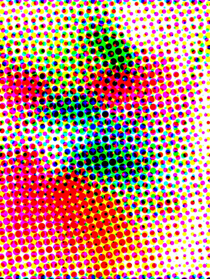 Vivid CMYK colour halftone dots in overlapping rainbow fields