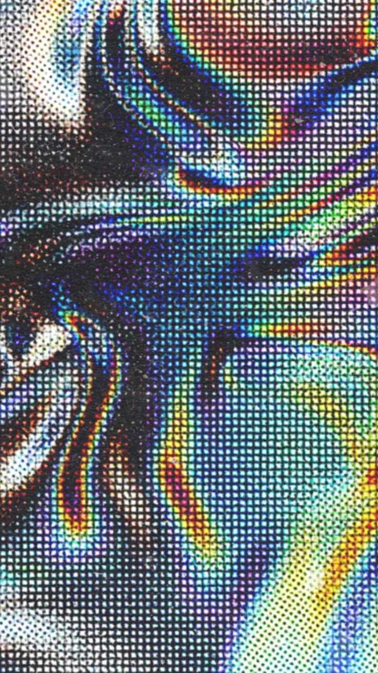 Iridescent halftone grid over a distorted figure, oily rainbow sheen on black
