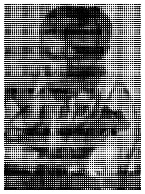 Black halftone dots resolving into a portrait of a face on white