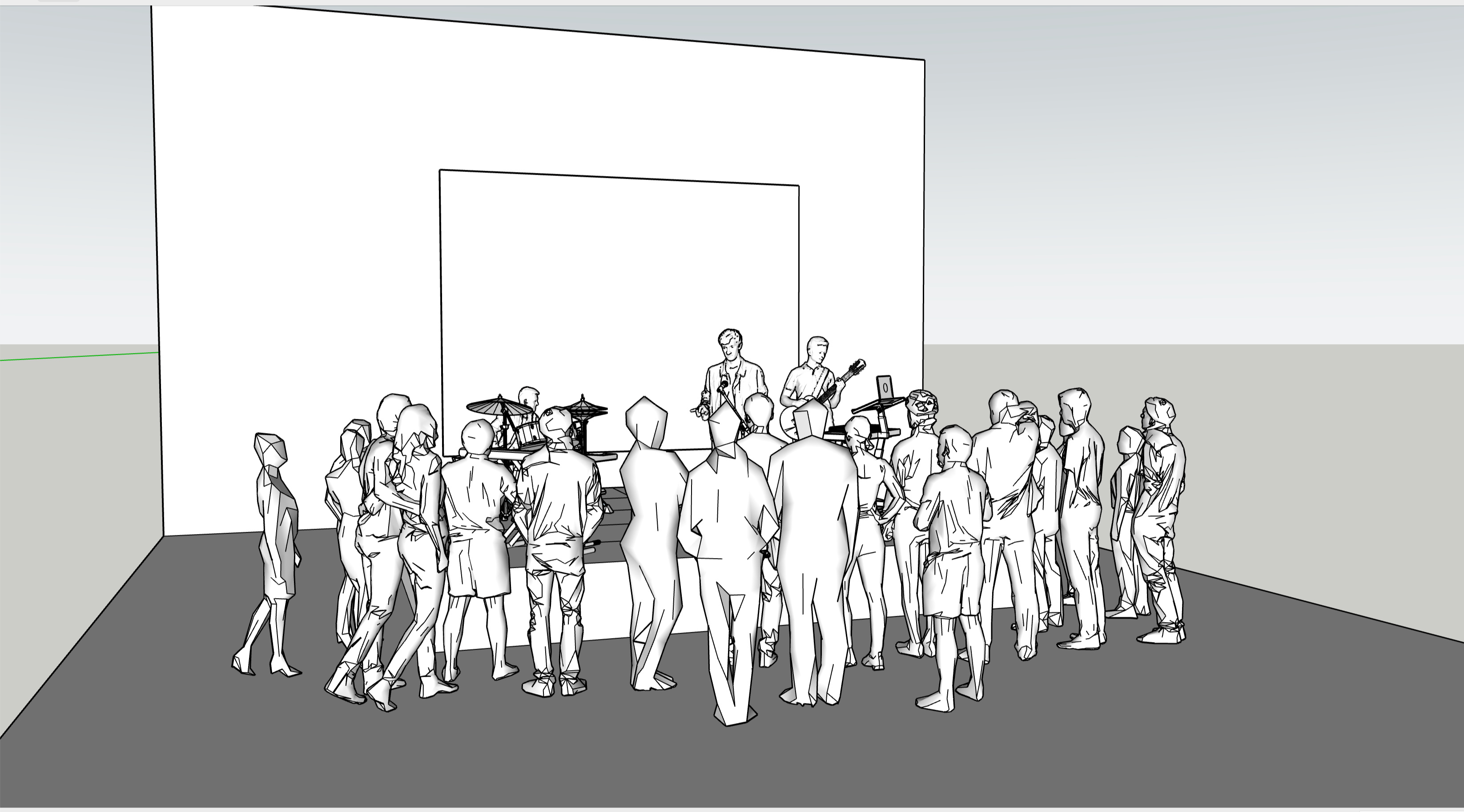 Perspective render of the band on a 60cm stage surrounded by a standing crowd