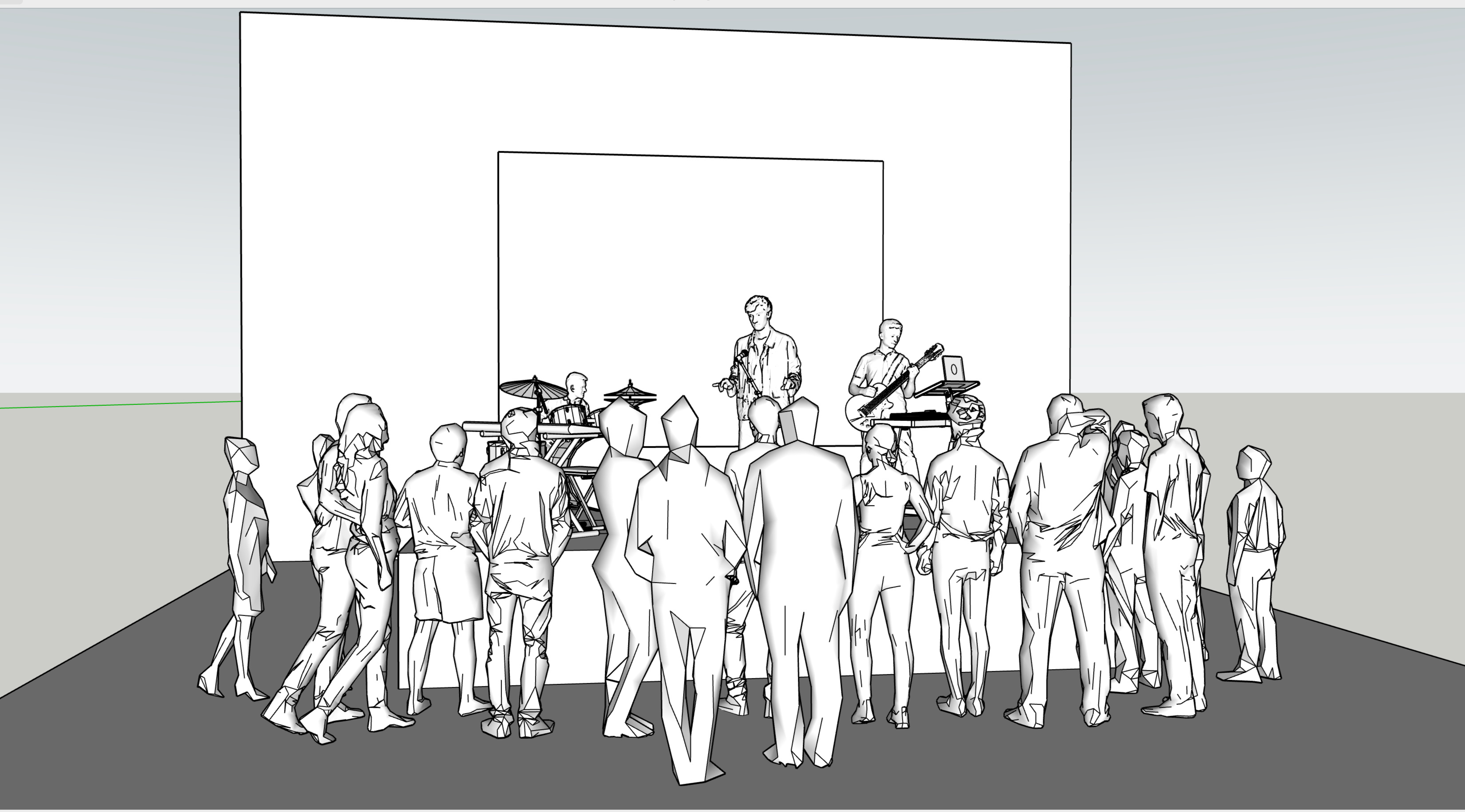 Perspective render of the band on a 90cm raised stage surrounded by a standing crowd