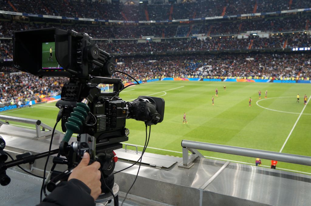 Sony HD broadcast camera rigged at stadium, full modern setup