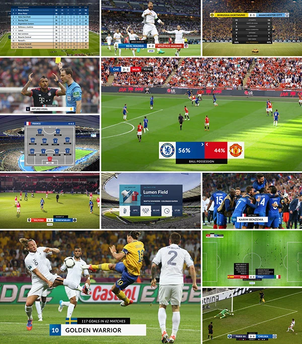 HD broadcast multi-screen collage showing multiple live games simultaneously