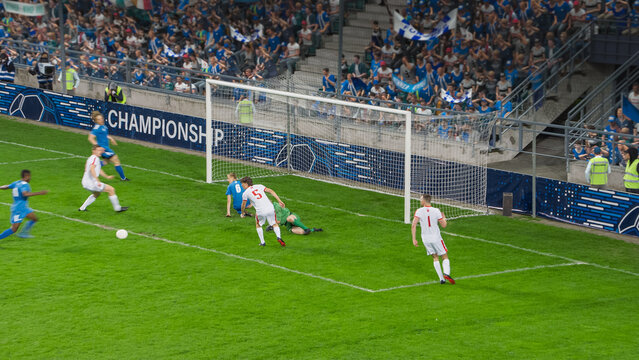 Modern HD match action near goal — clinical colour, sharp image