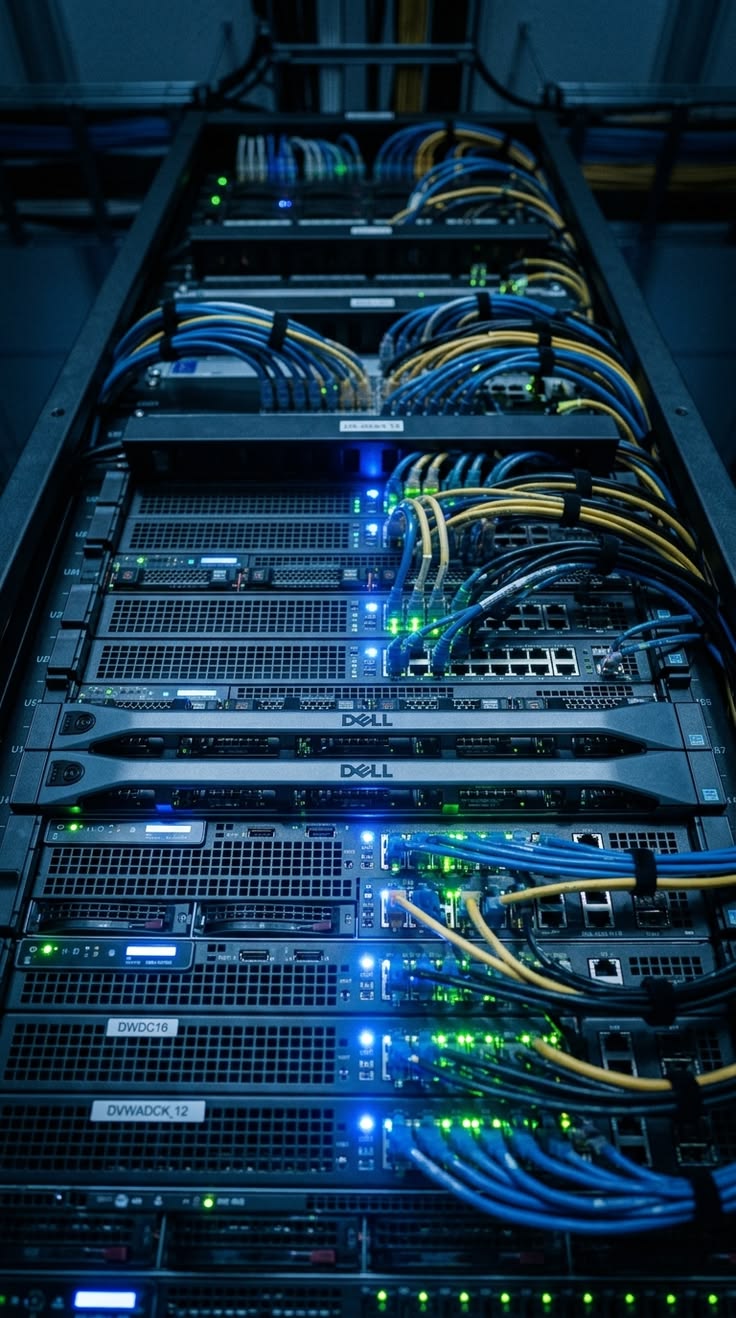 Close-up of Dell server rack with blue and yellow cables, LED indicators lit