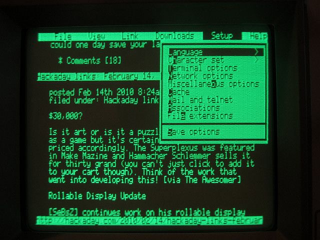 Green phosphor CRT terminal showing early web content