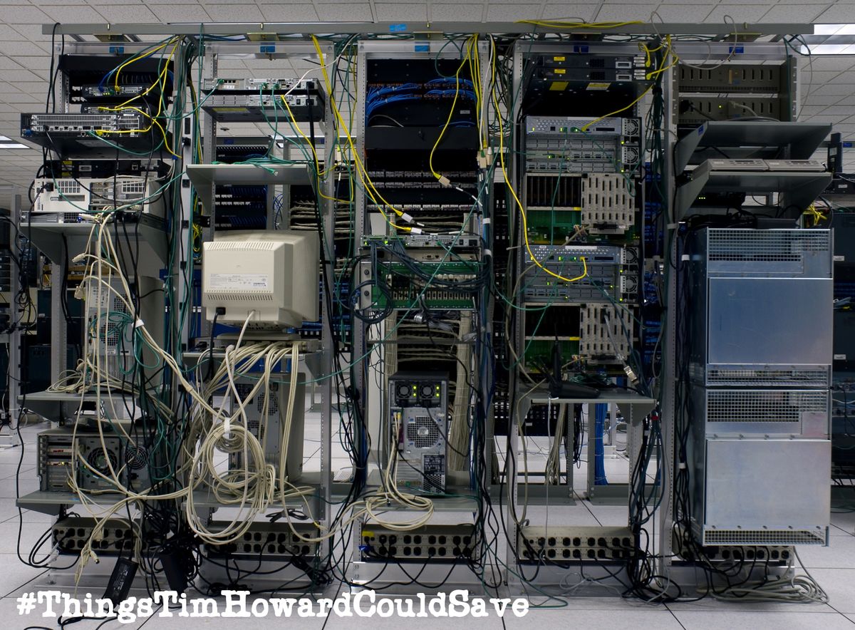 Server racks with dense, chaotic cable management