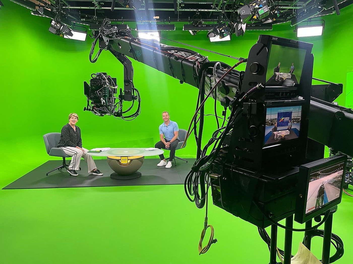 BBC Sport green screen studio with robotic camera arm and two presenters