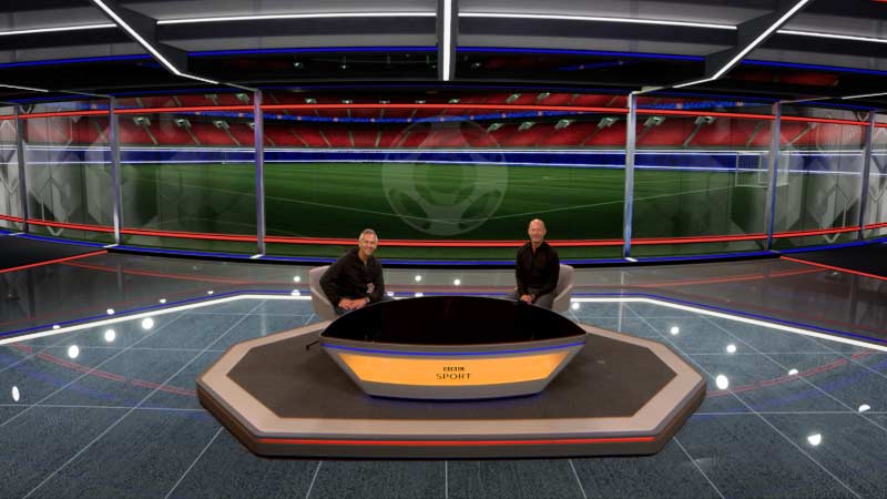 BBC Sport virtual football studio with Lineker at desk, virtual pitch behind