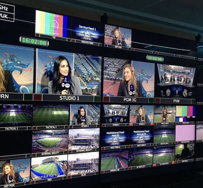 Champions League broadcast monitor wall showing multiple studio and field feeds