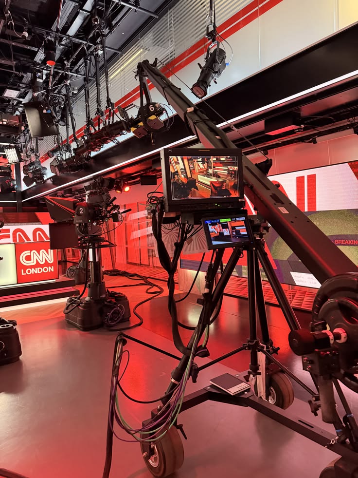 CNN London studio floor — camera jibs and red studio lighting