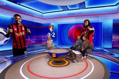 Virtual Champions League studio with presenter and player cutouts