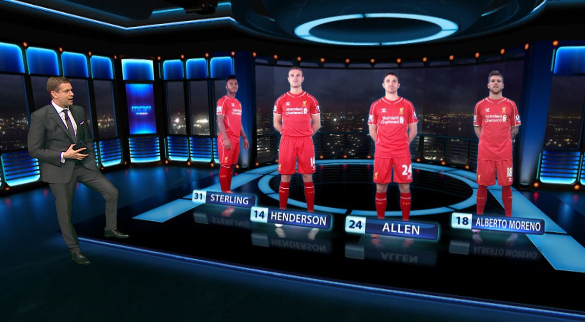 Virtual football studio with life-size Liverpool player renders alongside presenter